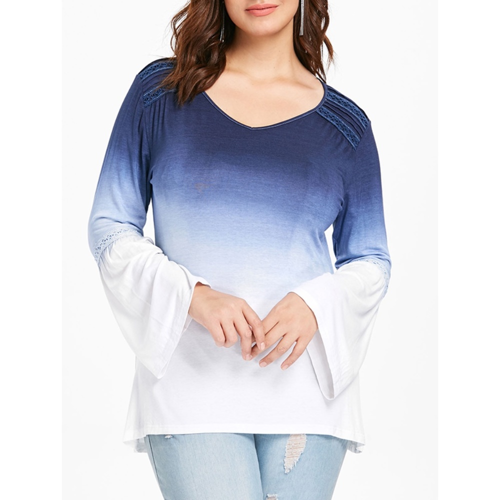 Plus Size Flare Sleeve Blue White Ombre Top